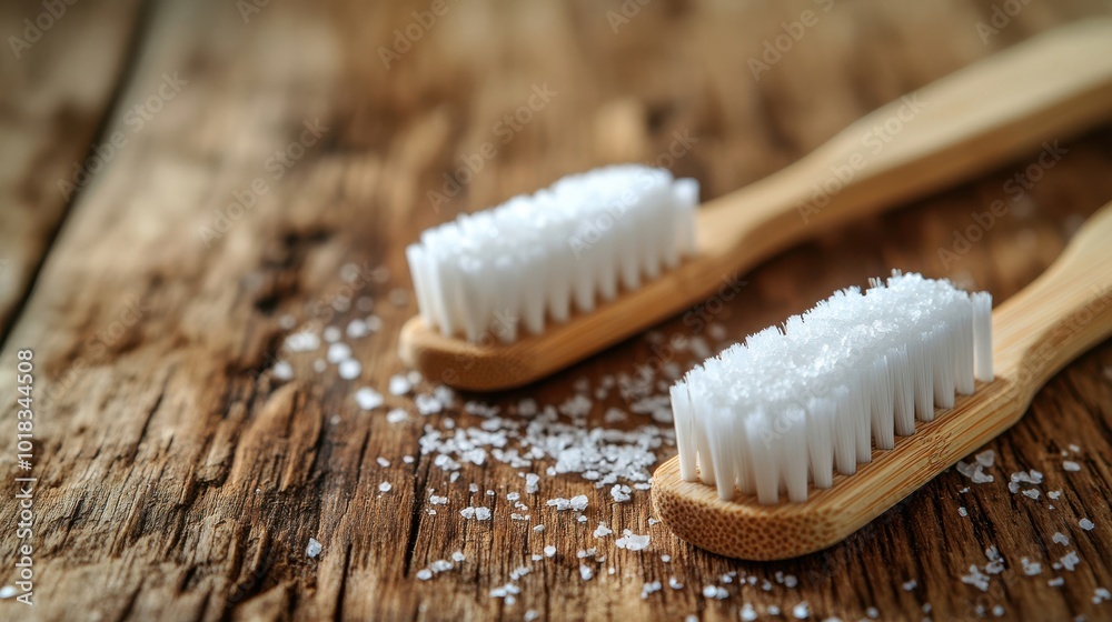 Two Bamboo Toothbrushes with Salt Crystals on Rustic Wooden Surface Two Bamboo Toothbrushes with Salt Crystals on Rustic Wooden Surface