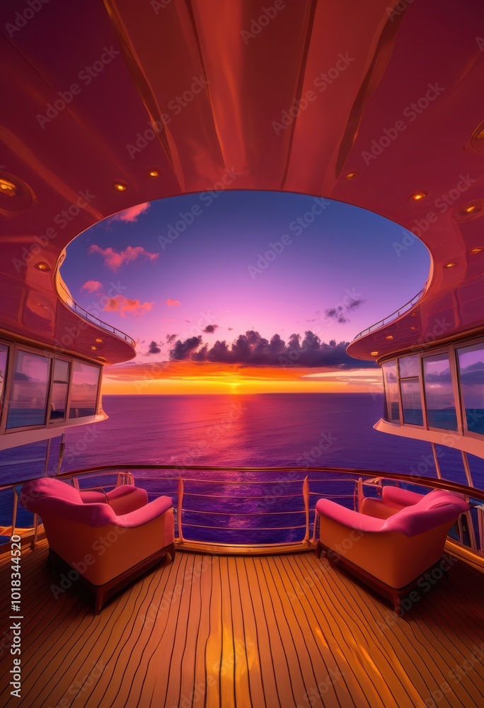Fototapeta premium stunning luxury cruise ship deck vibrant sunset sky creating captivating visual scene, ocean, horizon, travel, adventure, relaxation, scenery, landscape