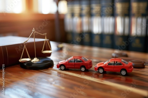 Two small car models on desk in courthouse. Concept of lawyer services, civil court trial, vehicle accident case study, and insurance coverage.