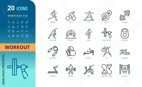 Workout Icons Set | 20 Editable Stroke | Pixel Perfect | Exercise-Specific Icons | Fitness, Gym, and Training Icons