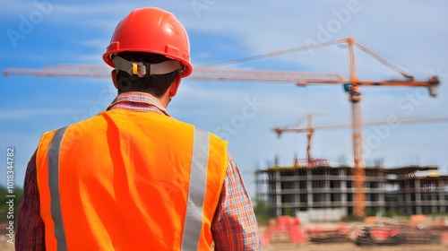 Industrial Worker in Orange Safety Vest at Construction Site