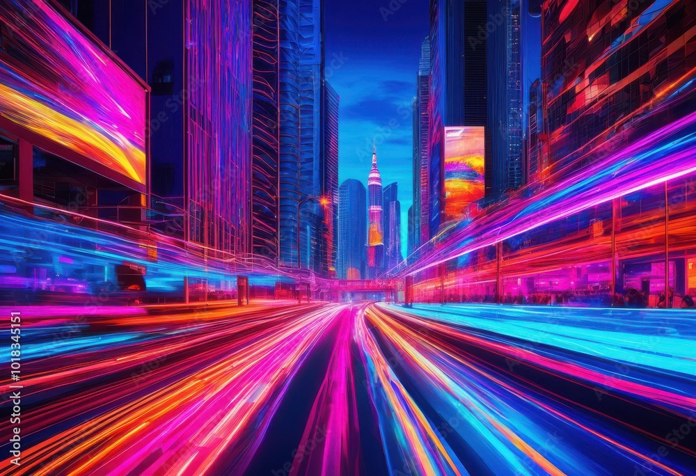 Fototapeta premium dynamic road scene capturing motion blur vibrant vehicles flowing city elements creating lively atmosphere, asphalt, cars, dynamics, driving, illumination