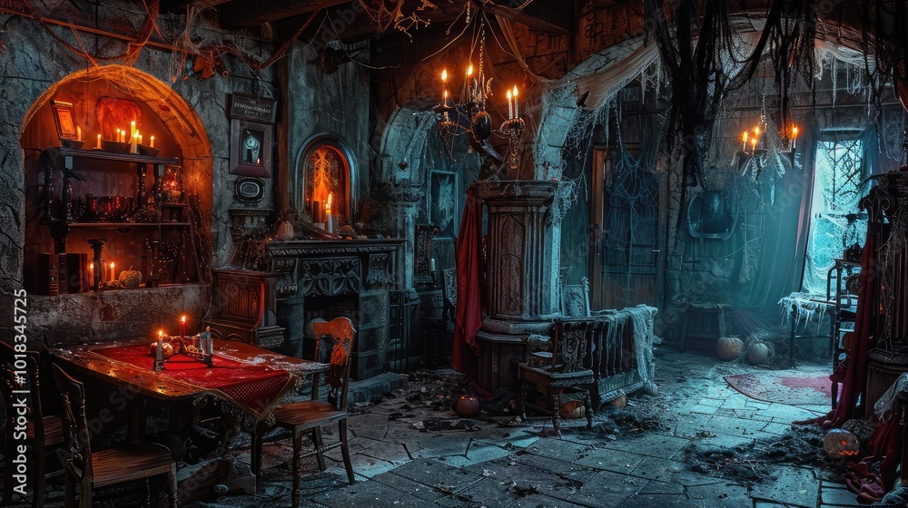 haunting, dimly lit room with antique furniture, cobwebs, and flickering candles, evoking a mysterious and eerie atmosphere. haunting, dimly lit room with antique furniture, cobwebs, and flickering candles, evoking a mysterious and eerie atmosphere.