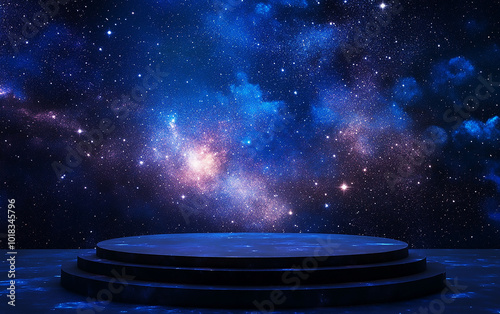 Podium on a stage with a vast starry night sky as the background and soft spotlighting. Generative AI