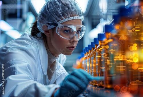 Scientific research. Laboratory scientist in protective gear examining glowing test tubes with digital overlay effects in modern facility.