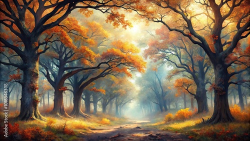 Fototapeta Naklejka Na Ścianę i Meble -  Mystical watercolor oak forest in autumn with light fog macro