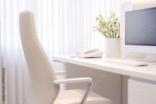 A modern and clean white office setup featuring a desk, computer, phone, and a potted plant