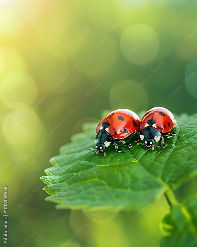 Ladybugs Crawling on Green Leaf Symbolizing Connection in the Insect World