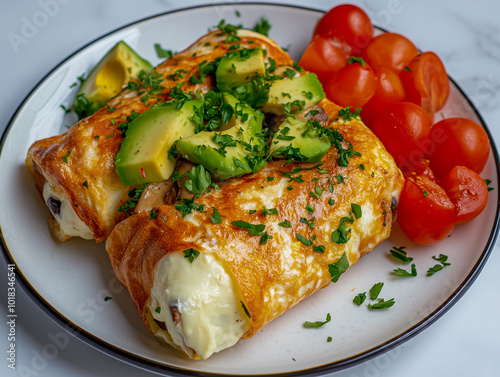 French rolled omelette stuffed with cream cheese with avocado, aragula and mushrooms for breakfast on white plate printed tile background, top view photo