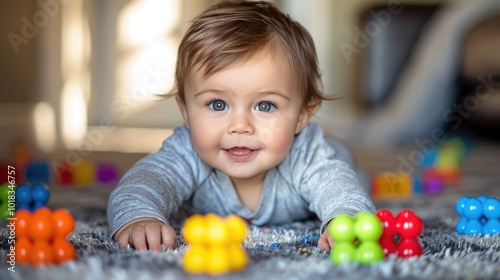 A child in a soft green suit plays joyfully, scattering colorful toys on a plush carpeted floor