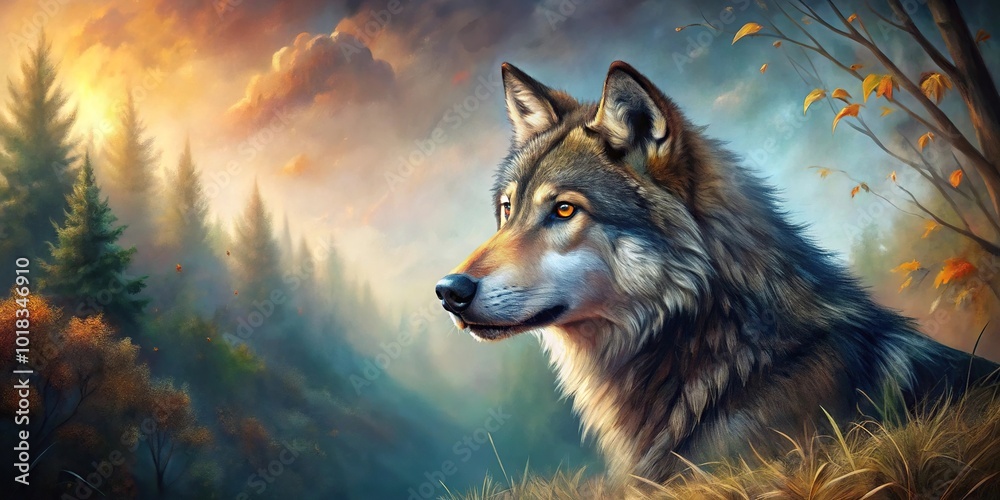 native art painting of a wolf in peaceful nature setting native art painting of a wolf in peaceful nature setting