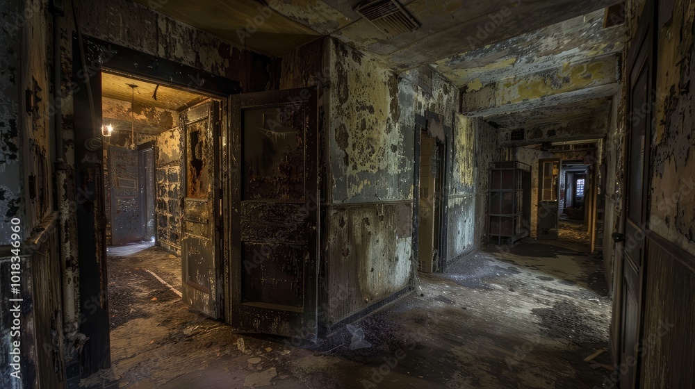 hauntingly beautiful interior of an abandoned building, showcasing peeling wallpaper and dark, eerie corridors. hauntingly beautiful interior of an abandoned building, showcasing peeling wallpaper and dark, eerie corridors.
