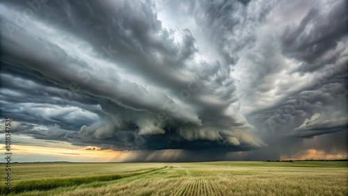 natural background of a thunderstorm with heavy gray clouds over a field