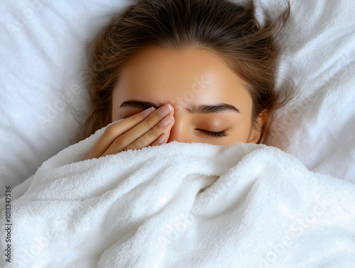 Girl lying in bed covering her face with blanket