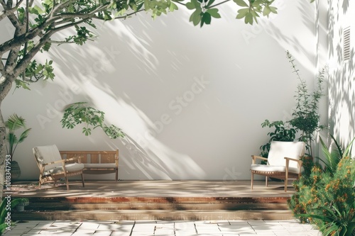 White Patio with Plants and Frame Mockup. A serene white patio with a wooden deck, potted plants