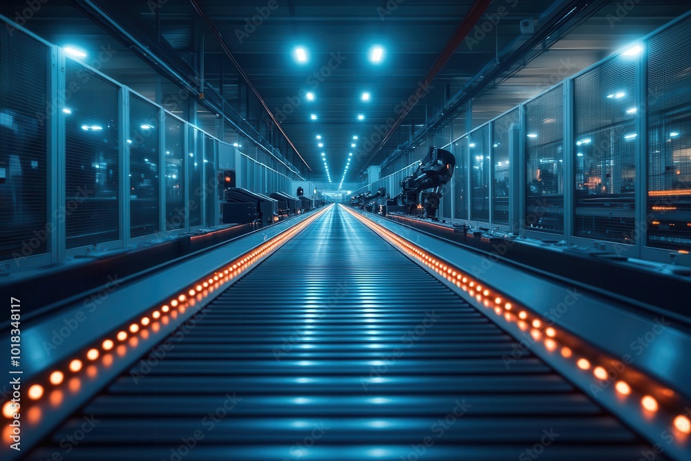hightech automated warehouse interior with motionblurred robotic arms and workers futuristic conveyor systems bathed in cool blue light creating a sense of efficiency and speed hightech automated warehouse interior with motionblurred robotic arms and workers futuristic conveyor systems bathed in cool blue light creating a sense of efficiency and speed