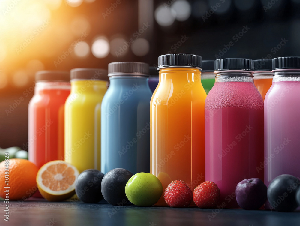 Vibrant Bottles of Fresh Juice A Colorful Array of Refreshing Beverages
