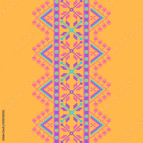 pattern with christmas trees, fabric pattern design, ethnic fabric pattern, Pink, yellow, purple fabric pattern, flower, triangle, Textile business, cushion cover, ethnic geometry