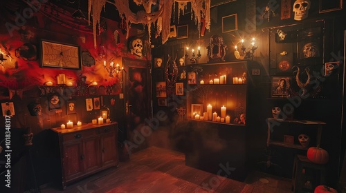 mysterious, dimly lit room filled with candles, skulls, and Halloween decor, creating an eerie atmosphere.
