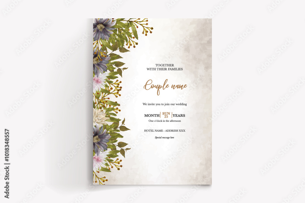 WEDDING INVITATION FRAME WITH FLOWER DECORATIONS WITH FRESH LEAVES 