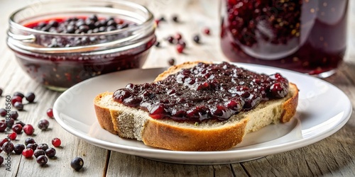 Natural black currant marmalade with chia seeds on white plate at a tilted angle