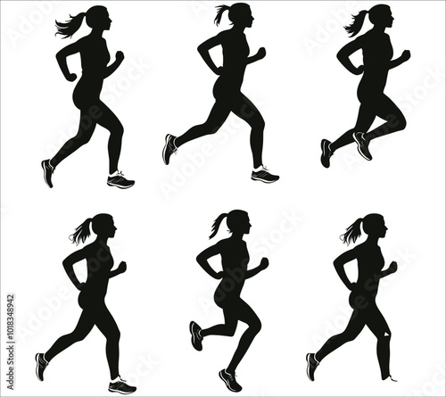 Set of women running silhouettes, Black silhouettes of women running, People running silhouettes, Running people silhouette set vector