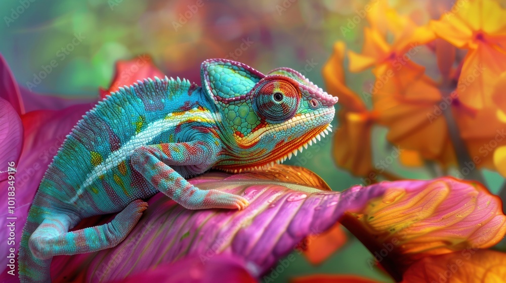 Colorful Chameleon on Vibrant Flower Colorful Chameleon on Vibrant Flower