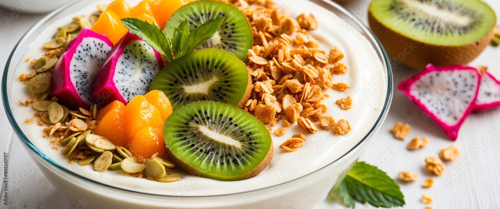 Delicious yogurt bowl with exotic fruits and granola for healthy breakfast Delicious yogurt bowl with exotic fruits and granola for healthy breakfast