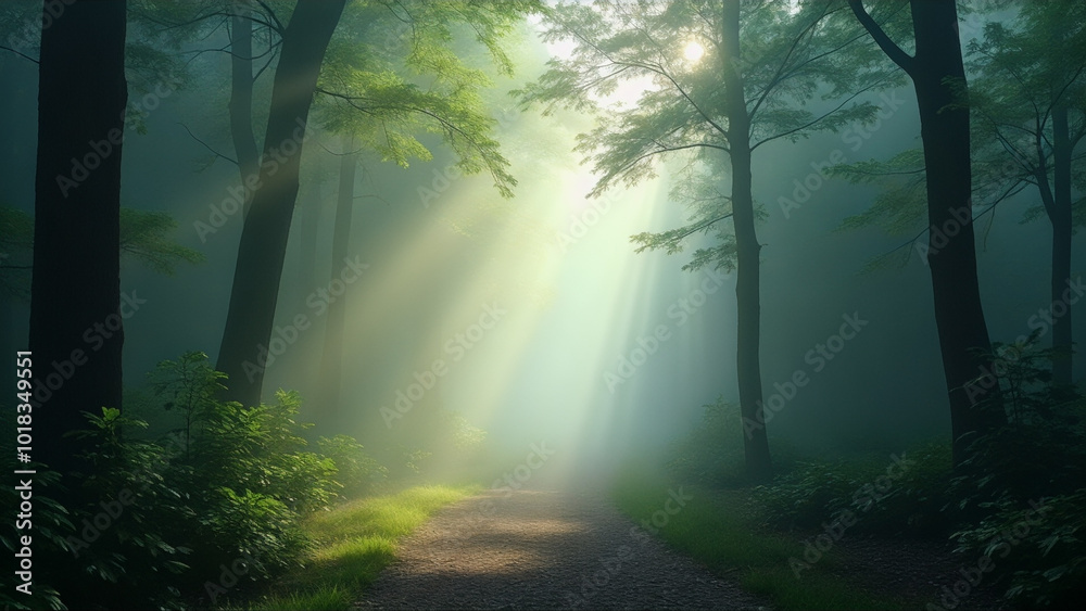 Obraz premium Path in a forest with sunlight shining through the trees