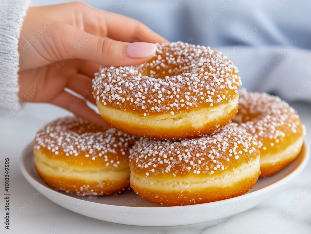 Hand of woman picking up doughnut from plate of sweets