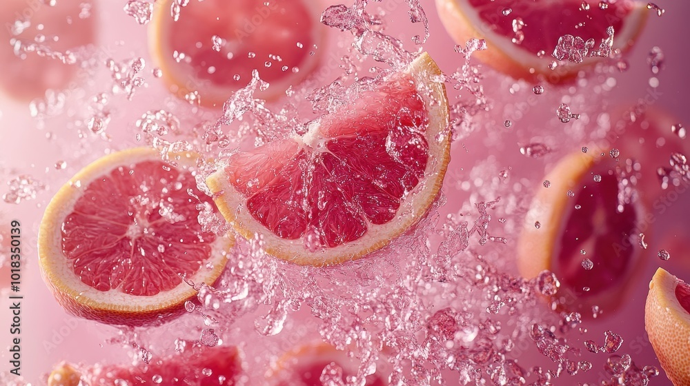 Fototapeta premium Juicy Pink Grapefruit Wedges in Mid-Air Action