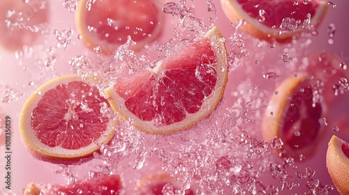Juicy Pink Grapefruit Wedges in Mid-Air Action
