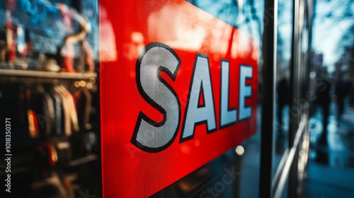 A prominent sale sign displayed in a store window, attracting attention with its bold red background and white lettering, indicating discounts on available merchandise