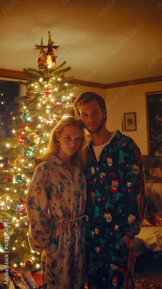 A couple wearing holiday pajamas stands warmly lit by a decorated Christmas tree, capturing the cozy festive spirit. A couple wearing holiday pajamas stands warmly lit by a decorated Christmas tree, capturing the cozy festive spirit.