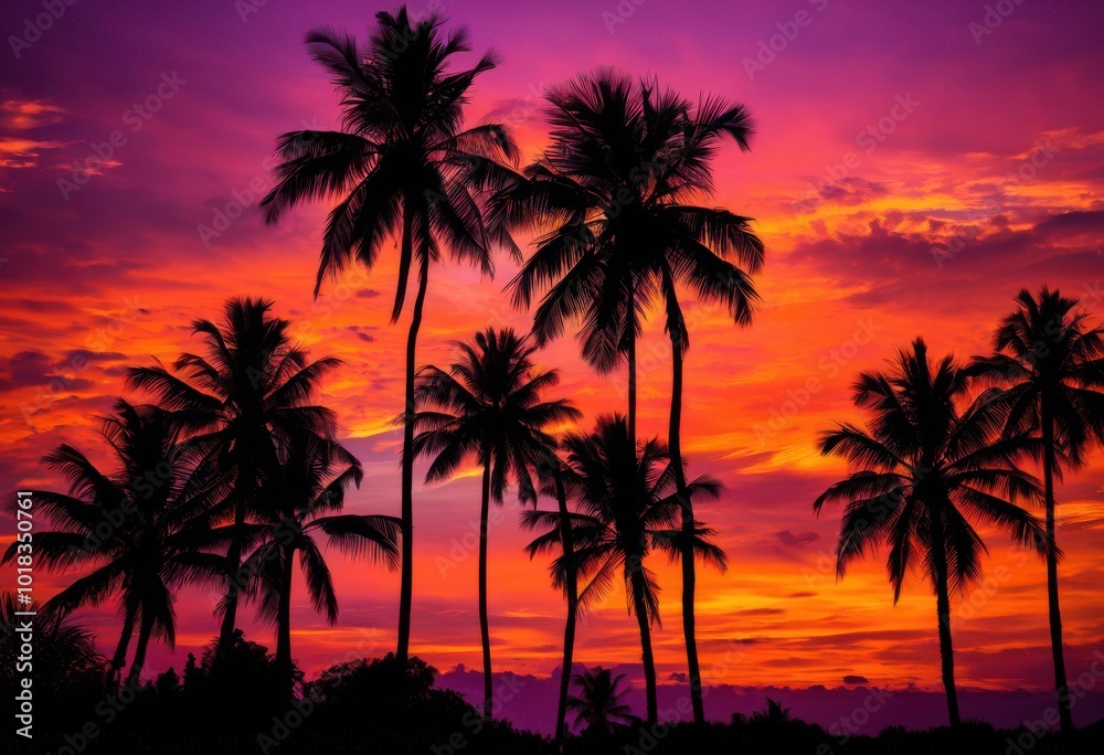 striking vibrant silhouettes palm trees set mesmerizing sunset sky filled warm colors, evening, tropical, nature, light, profile, shape, horizon, orange striking vibrant silhouettes palm trees set mesmerizing sunset sky filled warm colors, evening, tropical, nature, light, profile, shape, horizon, orange