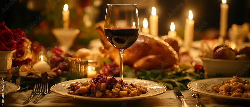 A beautifully set dinner table adorned with candles, a glass of red wine, and a festive meal featuring roasted turkey and side dishes, creating a warm, inviting atmosphere A beautifully set dinner table adorned with candles, a glass of red wine, and a festive meal featuring roasted turkey and side dishes, creating a warm, inviting atmosphere