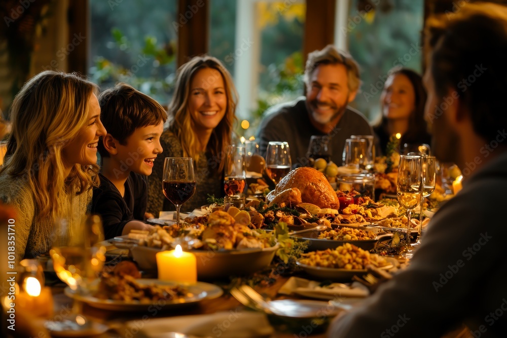 A joyful family gathering around a beautifully set table filled with food and drinks, enjoying a warm and festive meal together, surrounded by autumn scenery and candlelight A joyful family gathering around a beautifully set table filled with food and drinks, enjoying a warm and festive meal together, surrounded by autumn scenery and candlelight