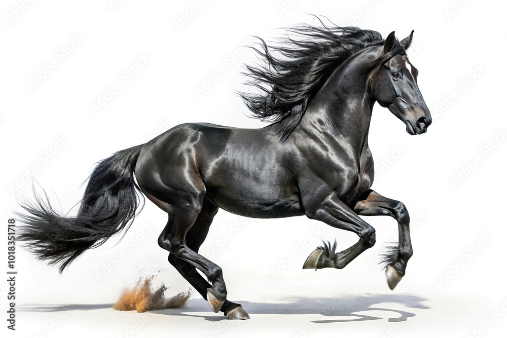 Galloping black Friesian horse on white background in high angle view Galloping black Friesian horse on white background in high angle view
