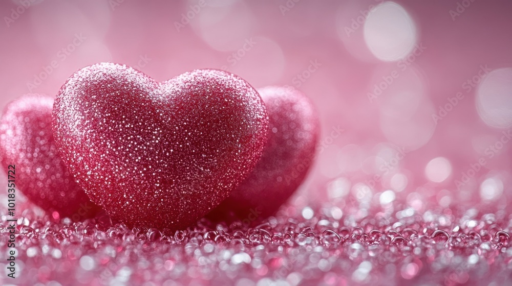 Obraz premium Two Glittering Hearts Resting on a Bed of Shimmering Pink Bubbles