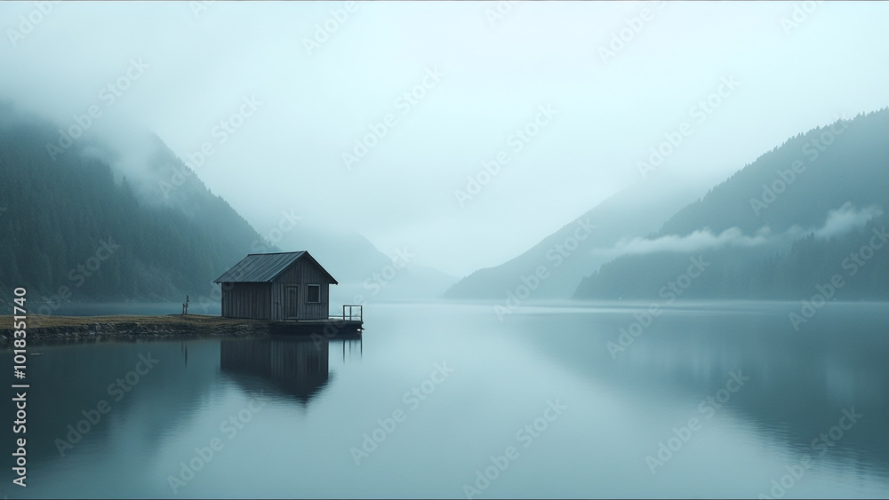 Fototapeta premium Small cabin sits on a dock by a lake
