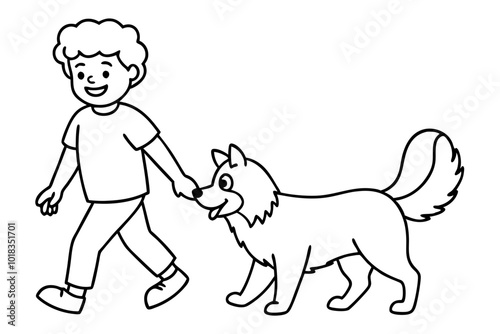 A boy walks with a cheerful dog, coloring book A child with a pet. Fluffy animals in cartoon style. Vector illustration