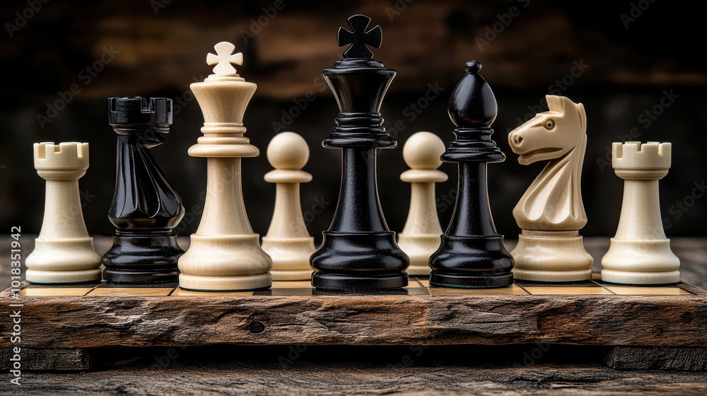 Strategic Showdown Chess Pieces Positioned on a Weathered Board with a Rustic Wooden Background Strategic Showdown Chess Pieces Positioned on a Weathered Board with a Rustic Wooden Background