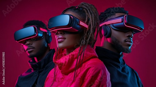 Metaverse Explorers: Three young adults wearing VR headsets against a vibrant pink backdrop, representing the future of immersive technology and digital exploration.   photo