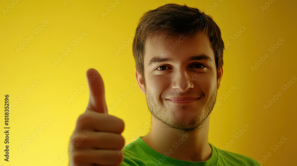 A man giving a thumbs-up gesture, wearing a green shirt, vibrant yellow background, direct lighting with minimal shadow, sharp detai