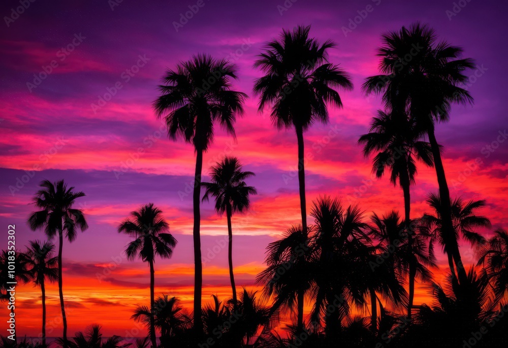 silhouetted tropical palm trees vibrant sunset sky creating stunningly colorful natural landscape, beach, horizon, clouds, orange, pink, yellow, scenery, view silhouetted tropical palm trees vibrant sunset sky creating stunningly colorful natural landscape, beach, horizon, clouds, orange, pink, yellow, scenery, view