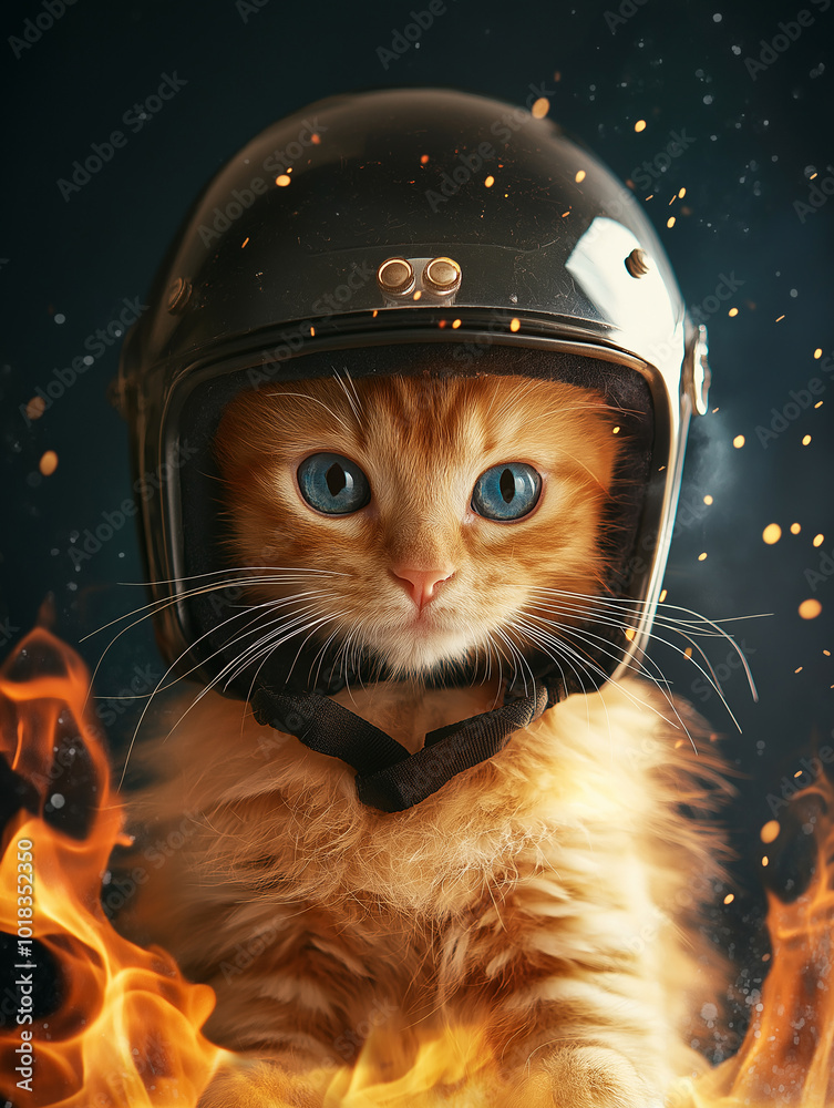 Cat wear helmet with fire flame. generative AI