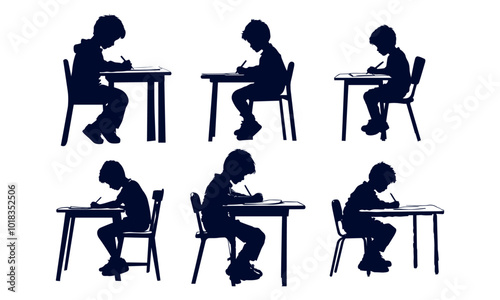 Silhouettes of Children Studying Seated at Desks