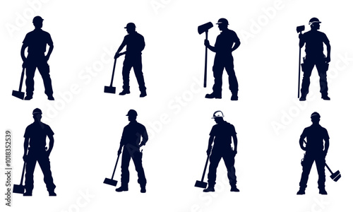 Silhouettes of Construction Workers with Tools in Various Poses