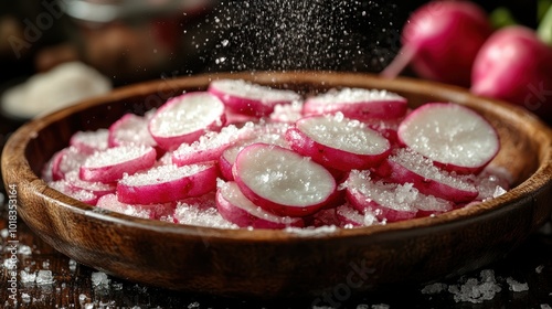 Sliced Radishes on Wooden Surface with Salt