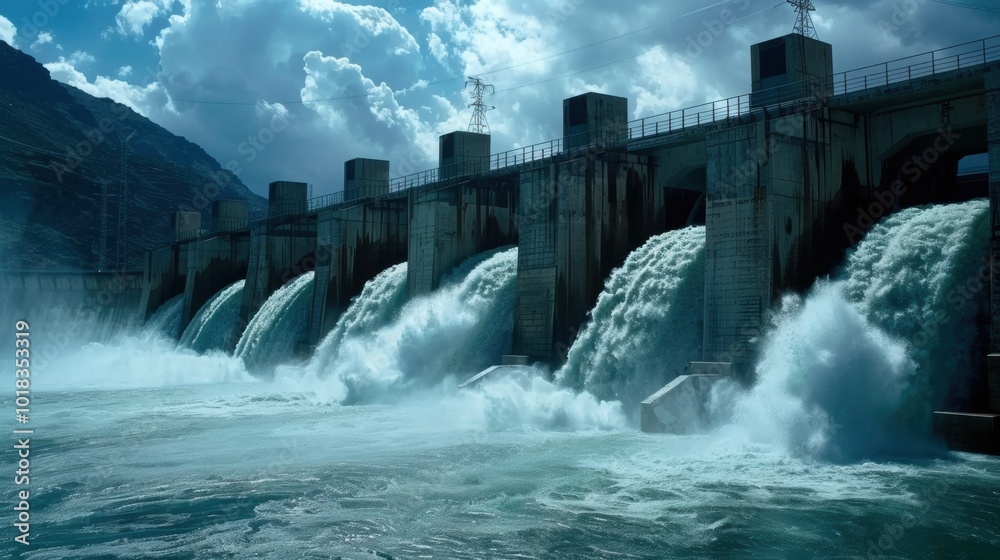Water Flow at Hydroelectric Dam Under Dramatic Sky Water Flow at Hydroelectric Dam Under Dramatic Sky
